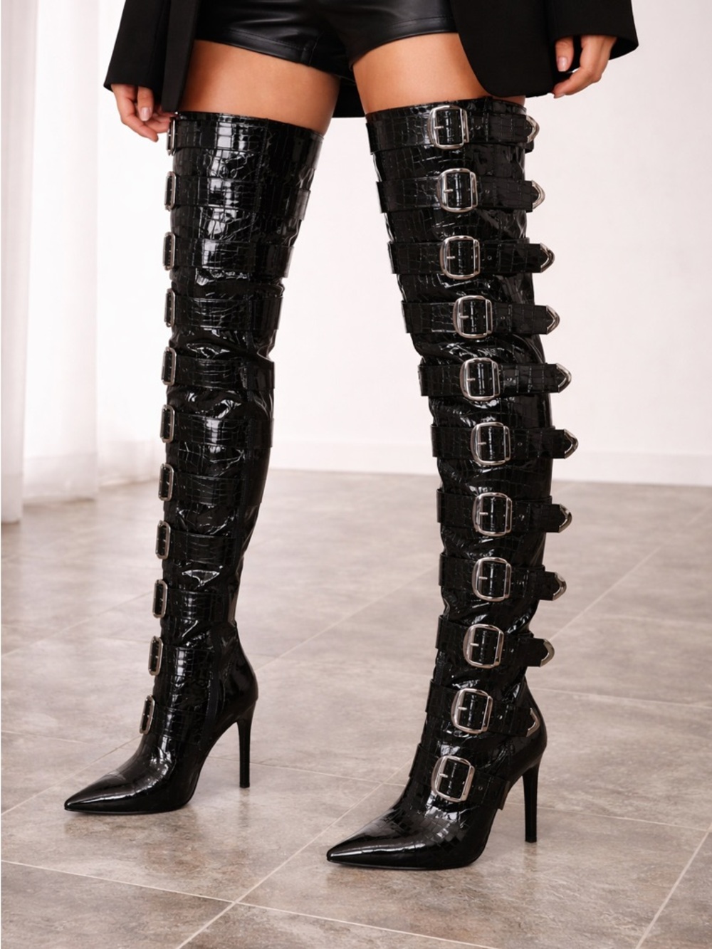 Black Croc Embossed Buckle Knee High Boots – CINZIA Goth Festival